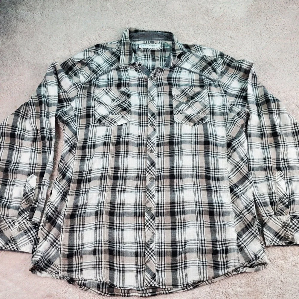 BKE Athletic Fit Plaid Long Sleeve Button Down Shirt XL Black White Tan 11597FPW